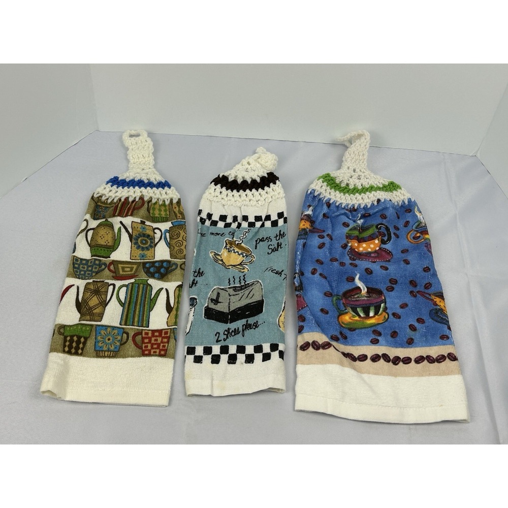 Coffee Theme Hanging Kitchen Towels Set of 7 Crochet Top Farmhouse Cute - Picture 3 of 8